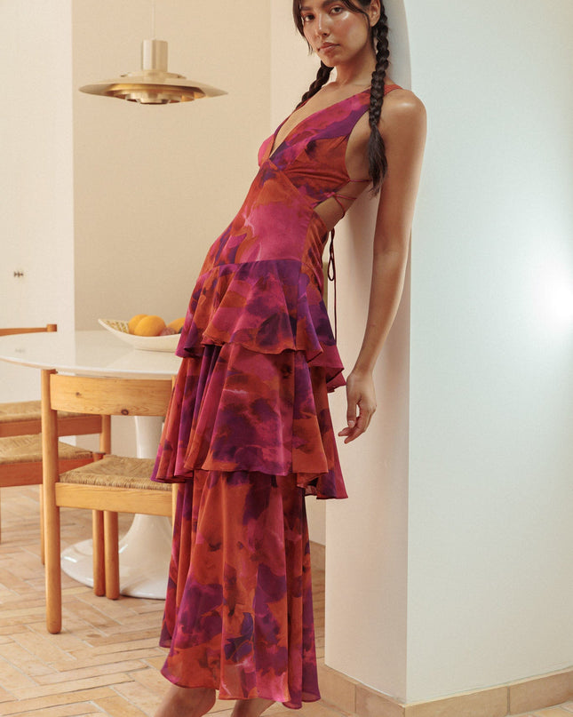 Rose Strappy Back Ruffle Midi Dress Dark