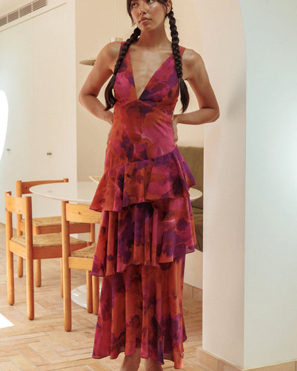 Rose Strappy Back Ruffle Midi Dress Dark