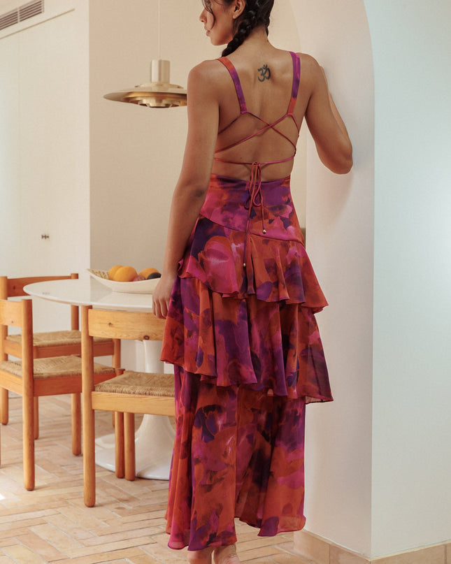 Rose Strappy Back Ruffle Midi Dress Dark