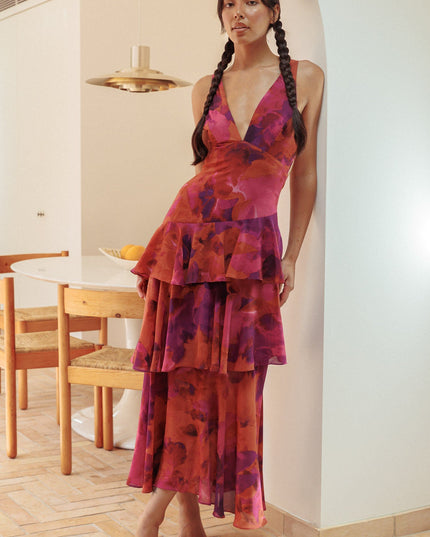 Rose Strappy Back Ruffle Midi Dress Dark