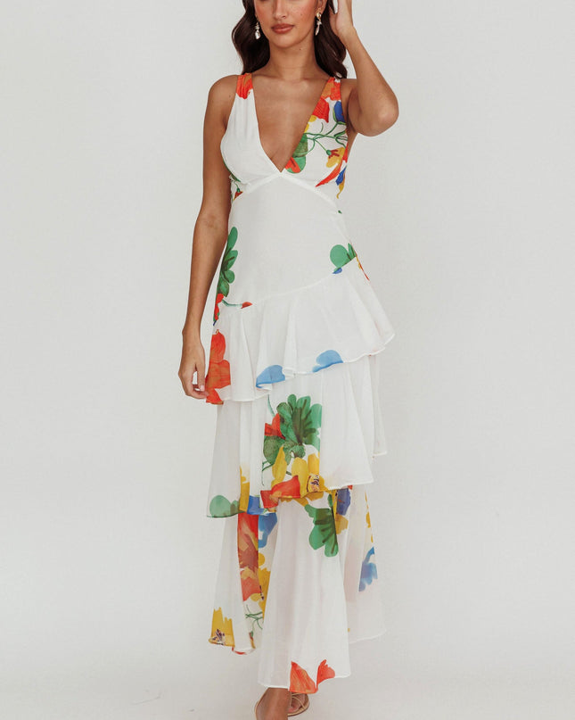 White Strappy Back Ruffle Maxi Dress