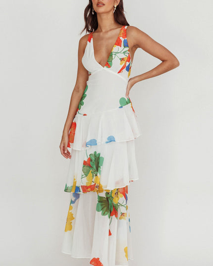 White Strappy Back Ruffle Maxi Dress