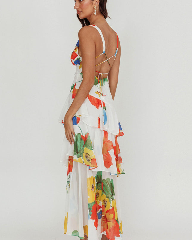 White Strappy Back Ruffle Maxi Dress