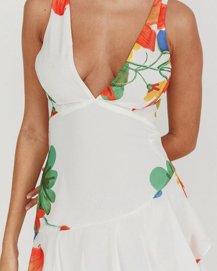White Strappy Back Ruffle Maxi Dress