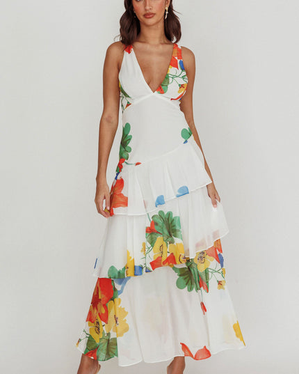 White Strappy Back Ruffle Maxi Dress