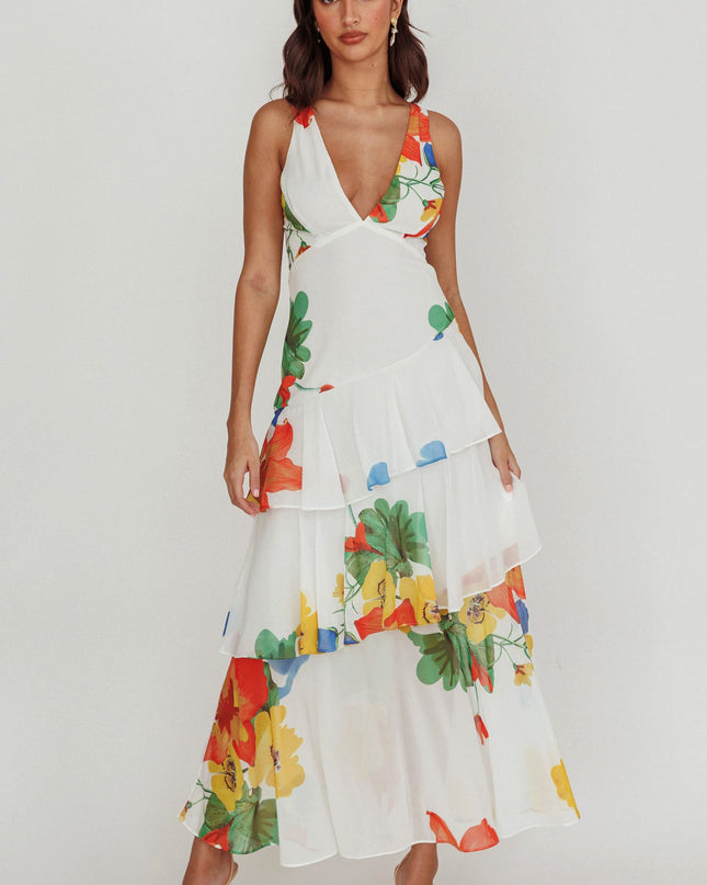 White Strappy Back Ruffle Maxi Dress