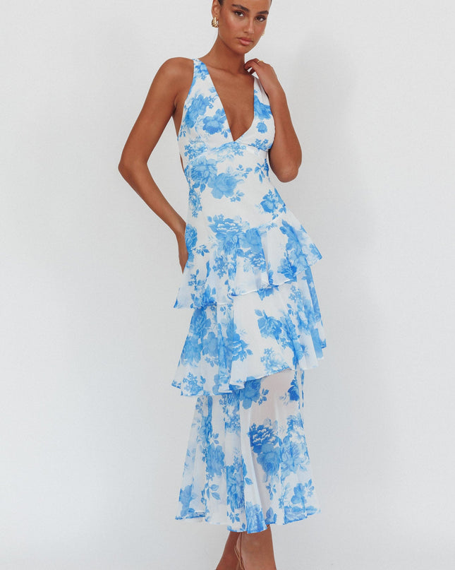Blue Strappy Back Ruffle Maxi Dress Roses