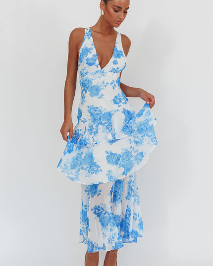 Blue Strappy Back Ruffle Maxi Dress Roses