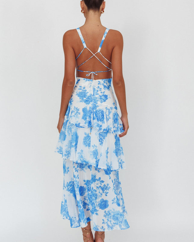 Blue Strappy Back Ruffle Maxi Dress Roses