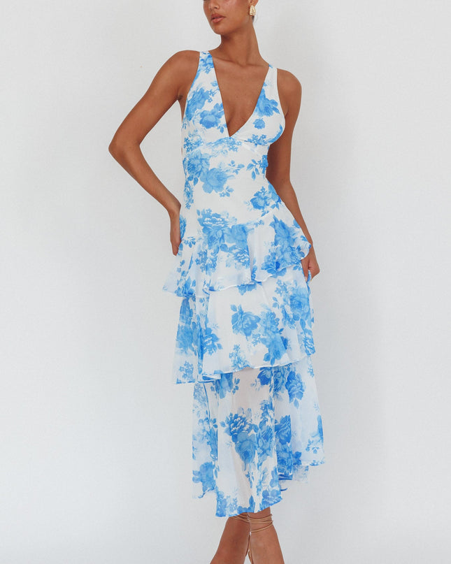 Blue Strappy Back Ruffle Maxi Dress Roses