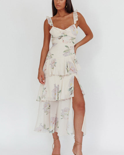 Cream Ruffle Strap Split Maxi Dress Magnolia