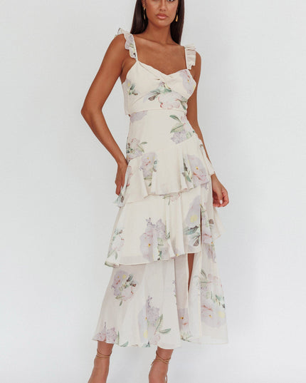 Cream Ruffle Strap Split Maxi Dress Magnolia