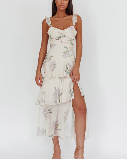 Cream Ruffle Strap Split Maxi Dress Magnolia