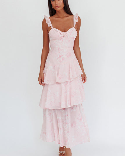 Blush Ruffle Strap Split Maxi Dress Roses