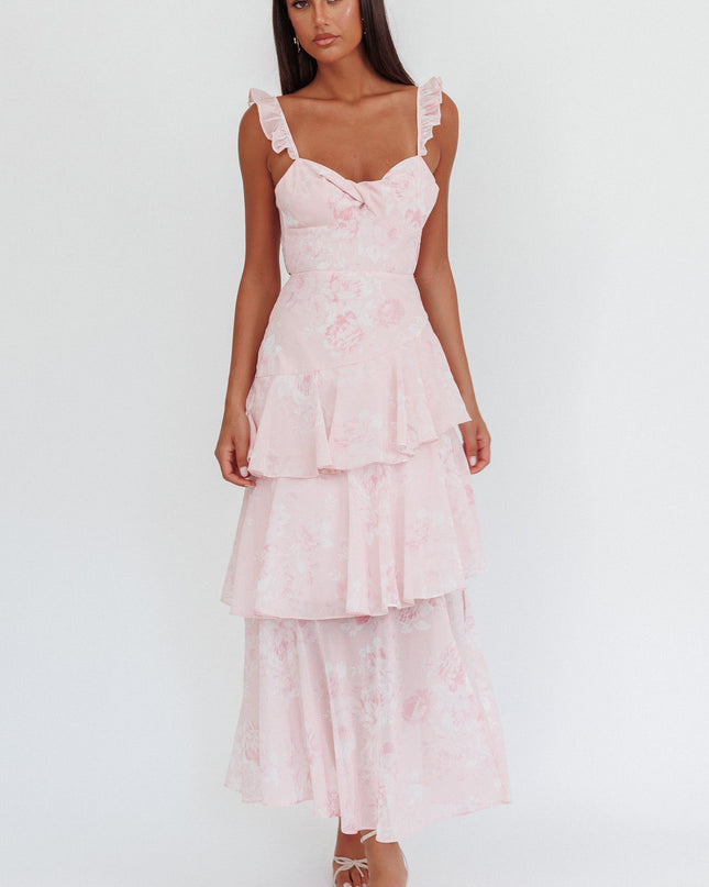 Blush Ruffle Strap Split Maxi Dress Roses