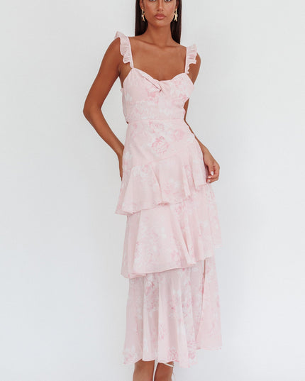 Blush Ruffle Strap Split Maxi Dress Roses