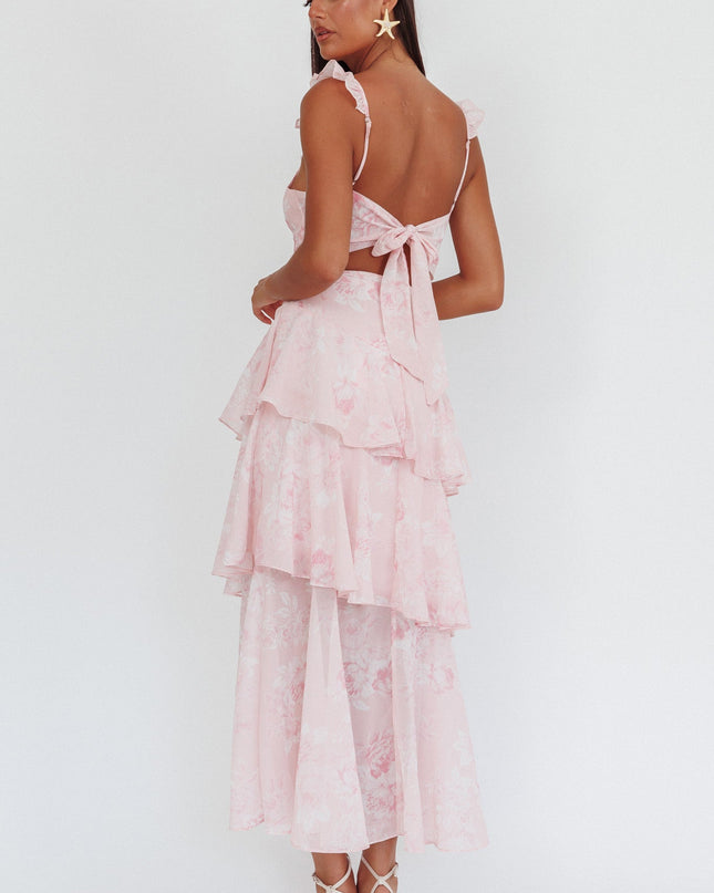 Blush Ruffle Strap Split Maxi Dress Roses