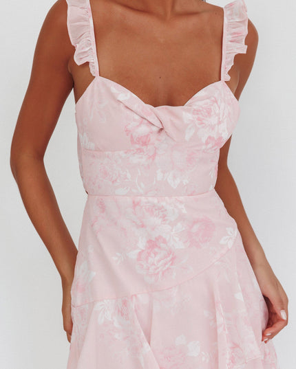 Blush Ruffle Strap Split Maxi Dress Roses
