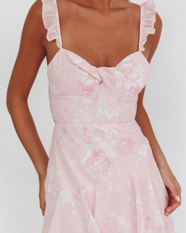 Blush Ruffle Strap Split Maxi Dress Roses