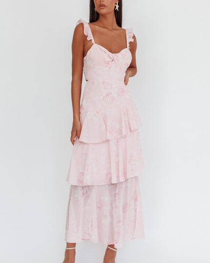 Blush Ruffle Strap Split Maxi Dress Roses