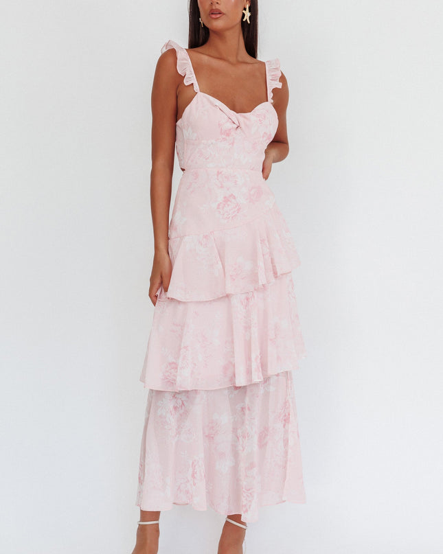 Blush Ruffle Strap Split Maxi Dress Roses