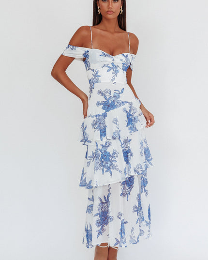 Blue Off-Shoulder Maxi Dress Floral