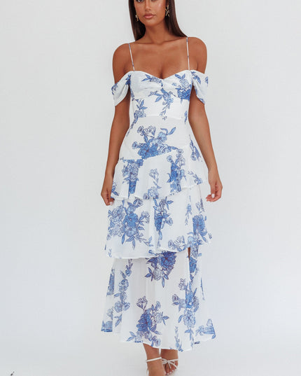 Blue Off-Shoulder Maxi Dress Floral