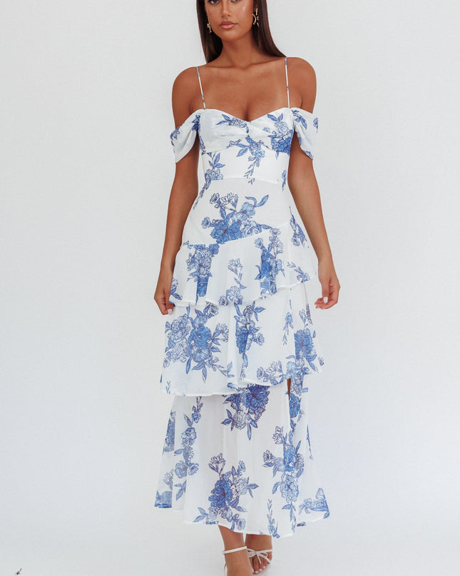 Blue Off-Shoulder Maxi Dress Floral