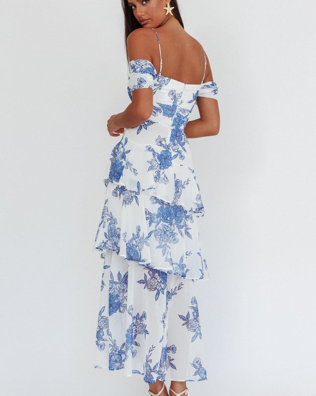 Blue Off-Shoulder Maxi Dress Floral