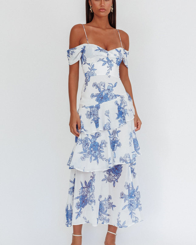 Blue Off-Shoulder Maxi Dress Floral