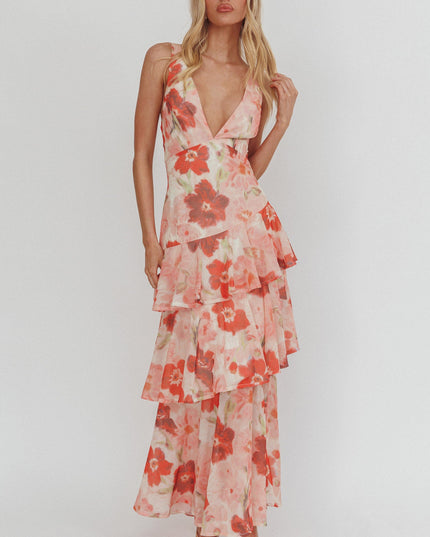 Red Strappy Back Ruffle Maxi Dress Poppies