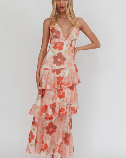 Red Strappy Back Ruffle Maxi Dress Poppies