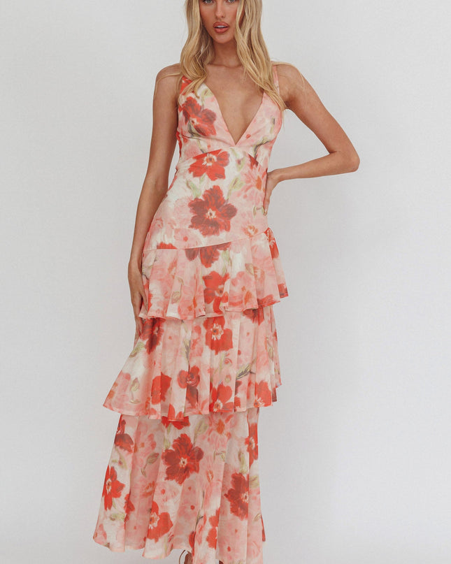 Red Strappy Back Ruffle Maxi Dress Poppies