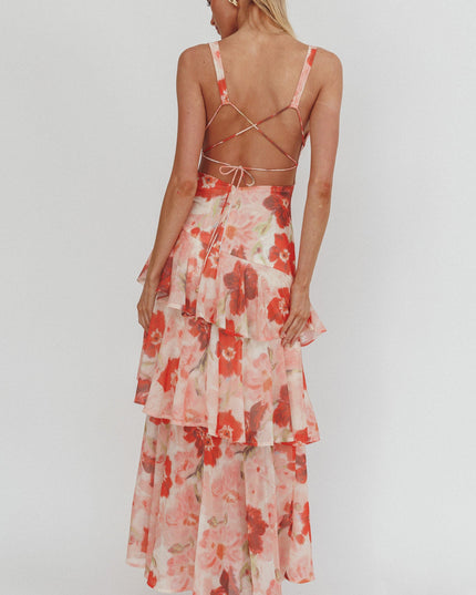 Red Strappy Back Ruffle Maxi Dress Poppies