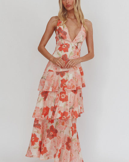 Red Strappy Back Ruffle Maxi Dress Poppies