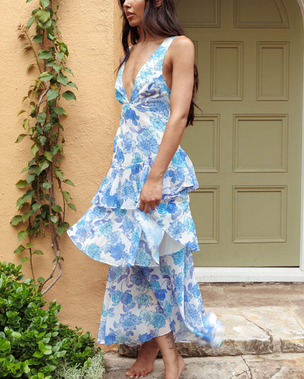 Blue Strappy Back Ruffle Midi Dress Floral