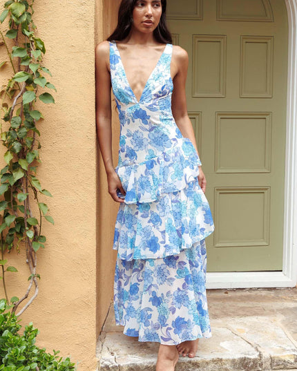 Blue Strappy Back Ruffle Midi Dress Floral