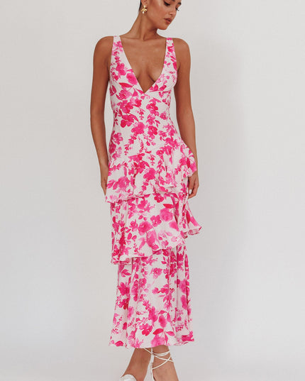 Fuchsia Strappy Back Ruffle Maxi Dress Floral