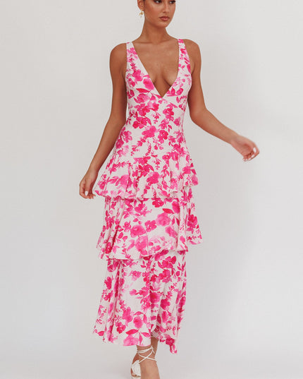 Fuchsia Strappy Back Ruffle Maxi Dress Floral