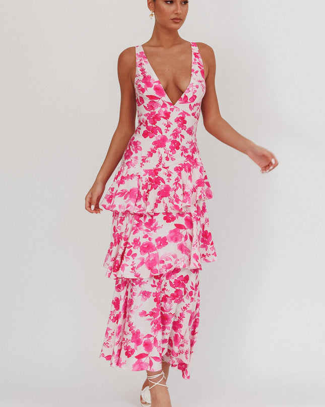 Fuchsia Strappy Back Ruffle Maxi Dress Floral
