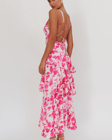 Fuchsia Strappy Back Ruffle Maxi Dress Floral