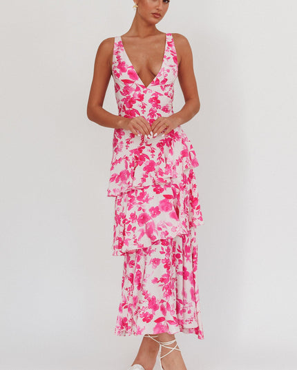 Fuchsia Strappy Back Ruffle Maxi Dress Floral