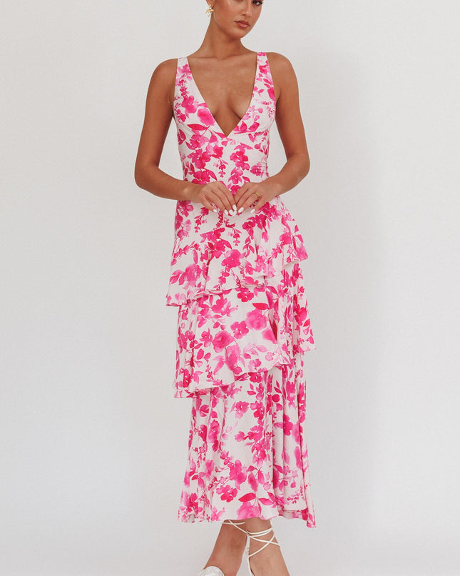 Fuchsia Strappy Back Ruffle Maxi Dress Floral