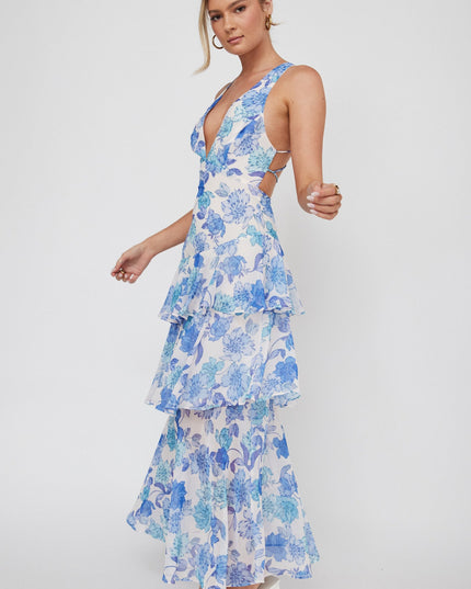 Blue Strappy Back Ruffle Midi Dress Floral