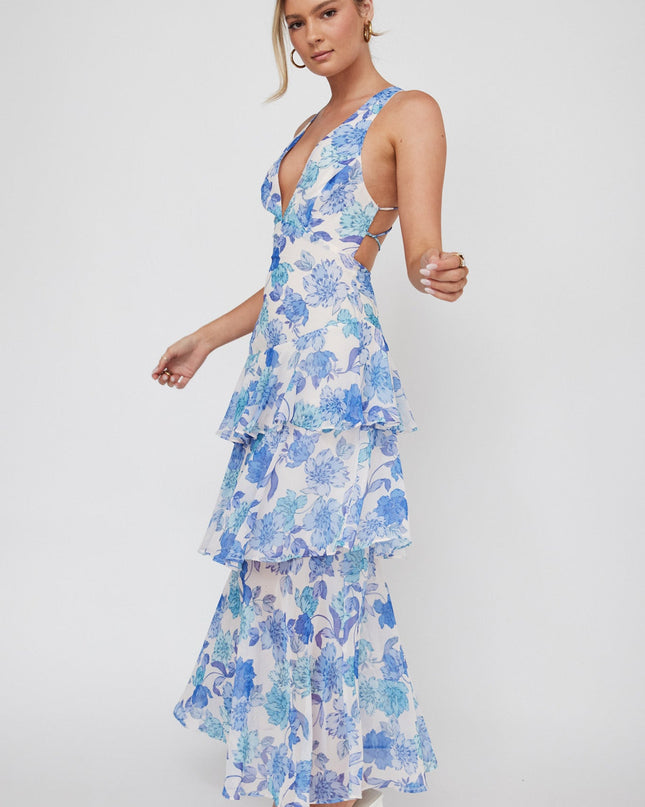 Blue Strappy Back Ruffle Midi Dress Floral