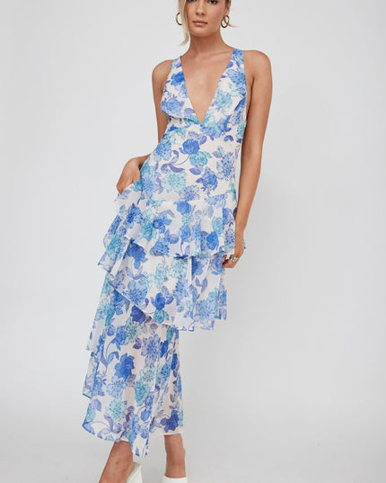 Blue Strappy Back Ruffle Midi Dress Floral