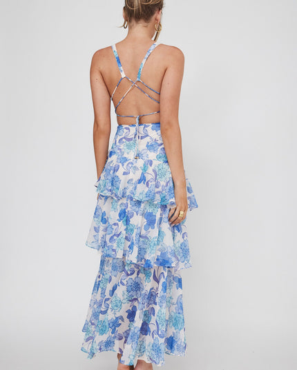 Blue Strappy Back Ruffle Midi Dress Floral