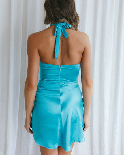 Teal Fire Halterneck Wrap Front Mini Dress