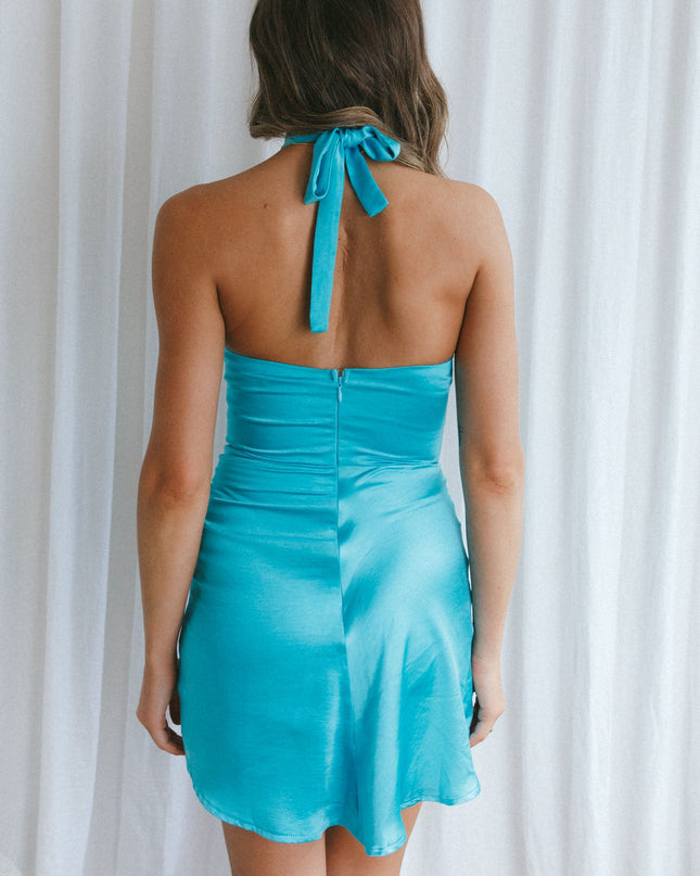 Teal Fire Halterneck Wrap Front Mini Dress