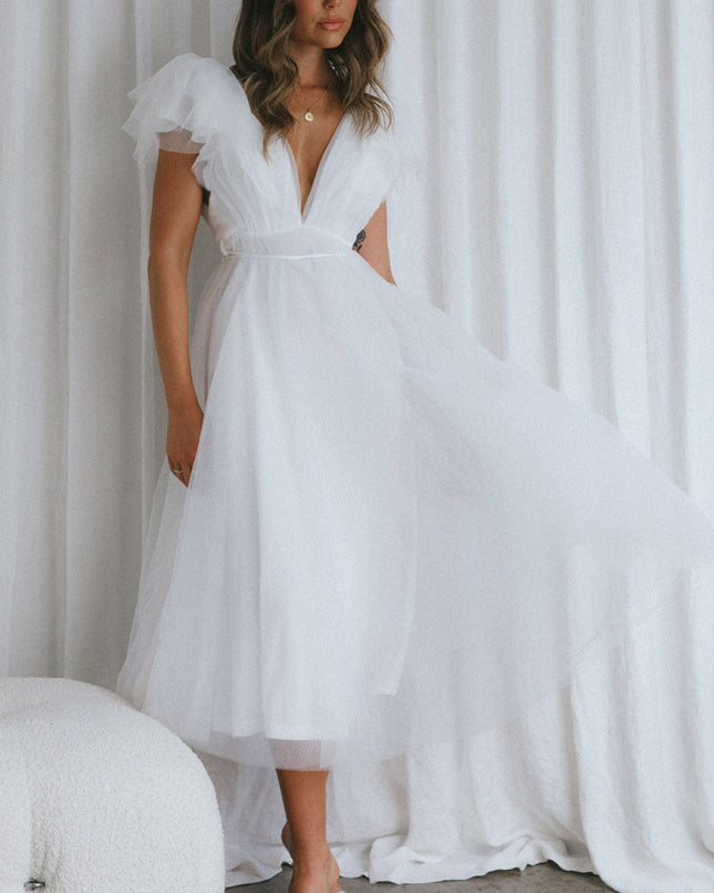 White Faith Frill Shoulder Tulle Midi Dress